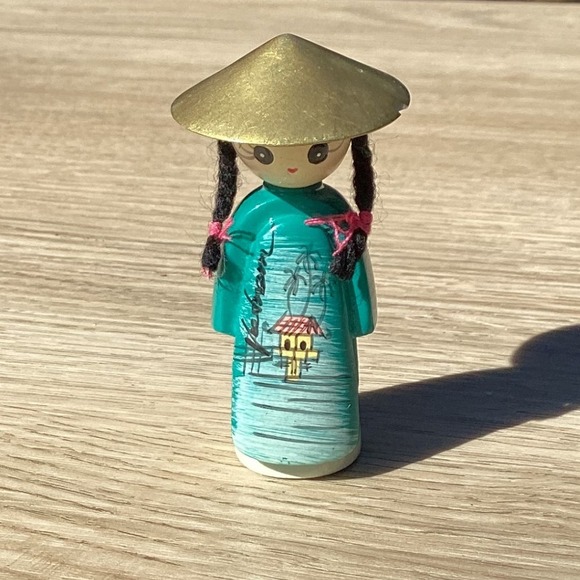 Other - Vintage Charming Doll Figurine with Conical Hat & Teal Robe Hand Painted Accent